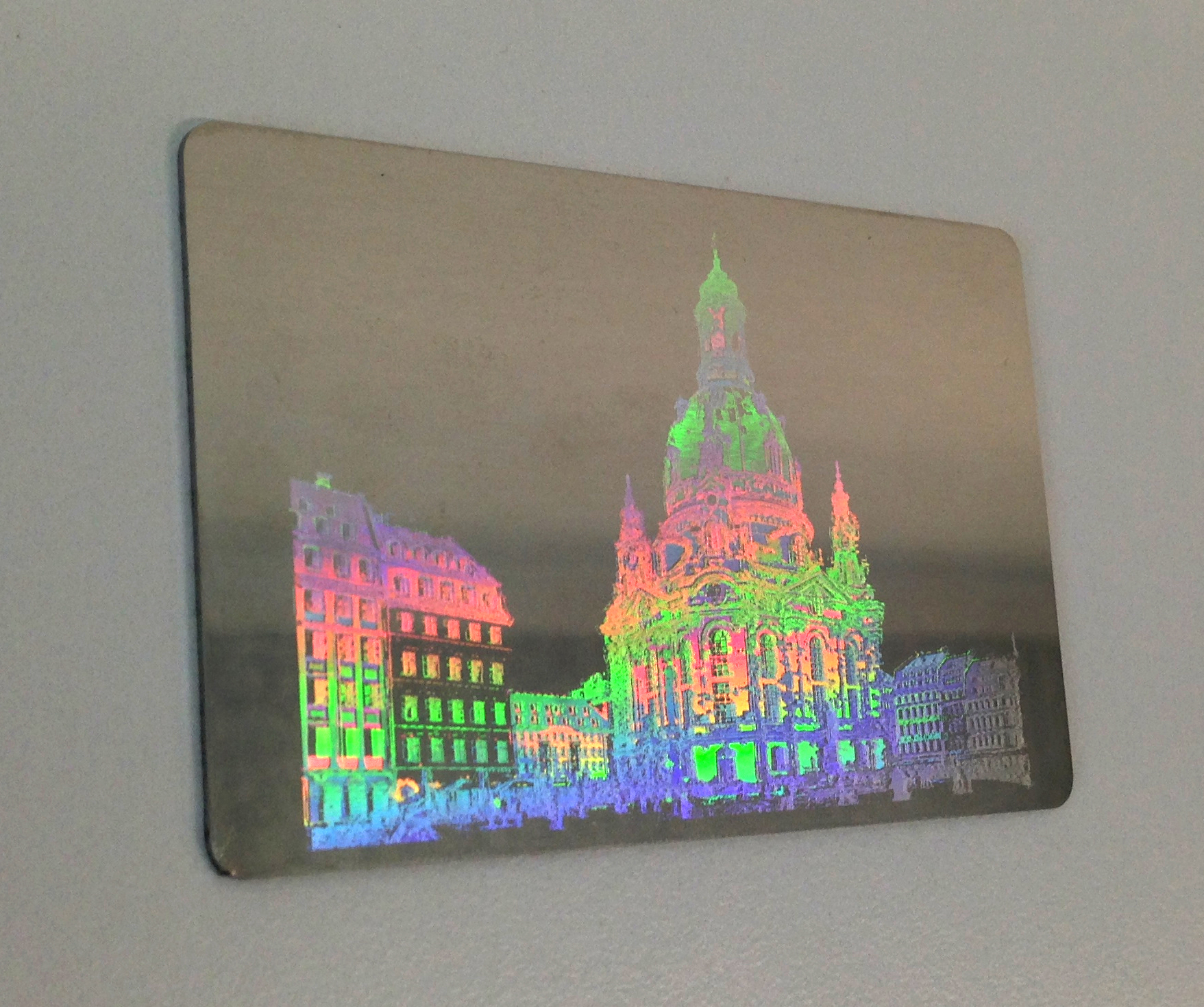 DLIP structured decorative element (Dresden Church of our Lady) on stainless steel