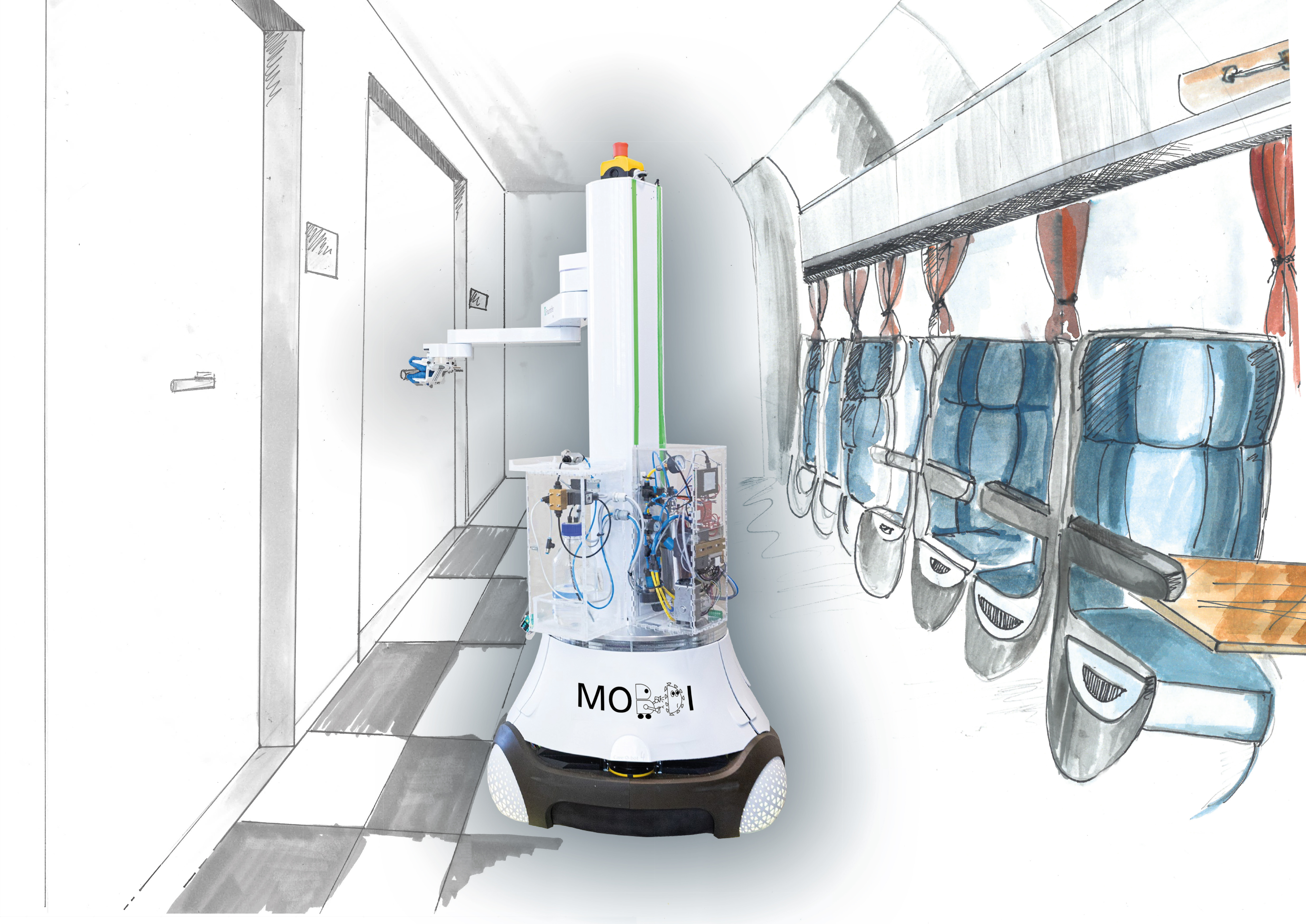 In the “MobDi” project, disinfection robots are being developed for use both in buildings (left side) and in transportation (right side). 
