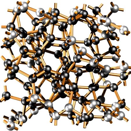 Atomistic simulation of the ta-C structure with sp3- (dark) and sp2- (bright) hybridized C atoms