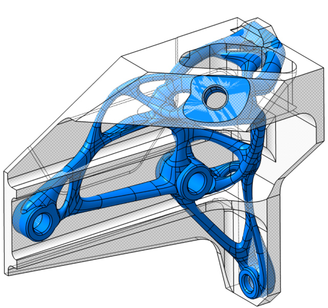 Vorher (grau) vs. nachher (blau): Das additiv gefertigte Bauteil bietet ein topologieoptimiertes Design mit verbesserten Produkteigenschaften und einem deutlich reduzierten Gewicht. 