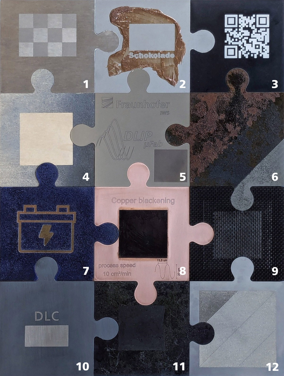 Das Puzzle-Exponat zeigt an verschiedenen Materialien das Potential des Lasers zum Reinigen und Vorbehandeln von Oberflächen.