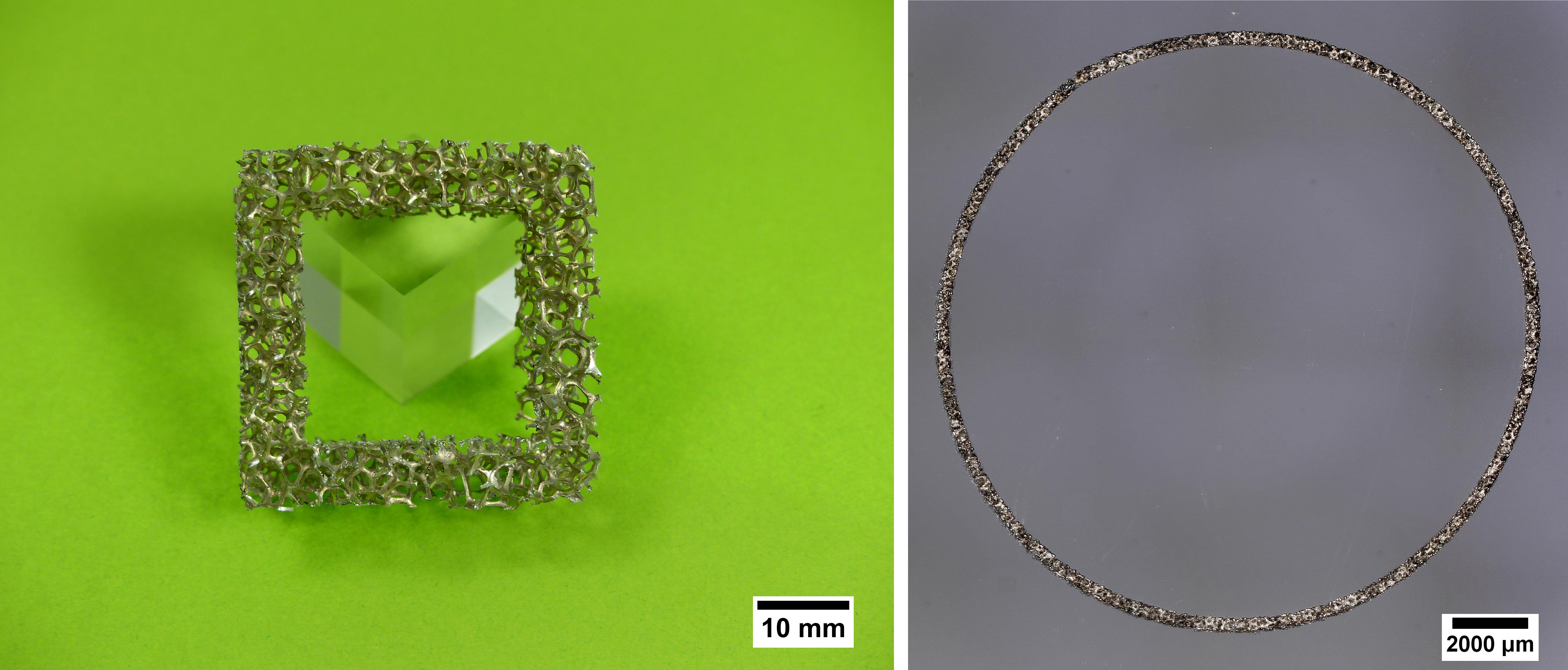 Remote laserstrahlgeschnittener Metallschaum aus Aluminium (links) sowie Stahl (rechts)