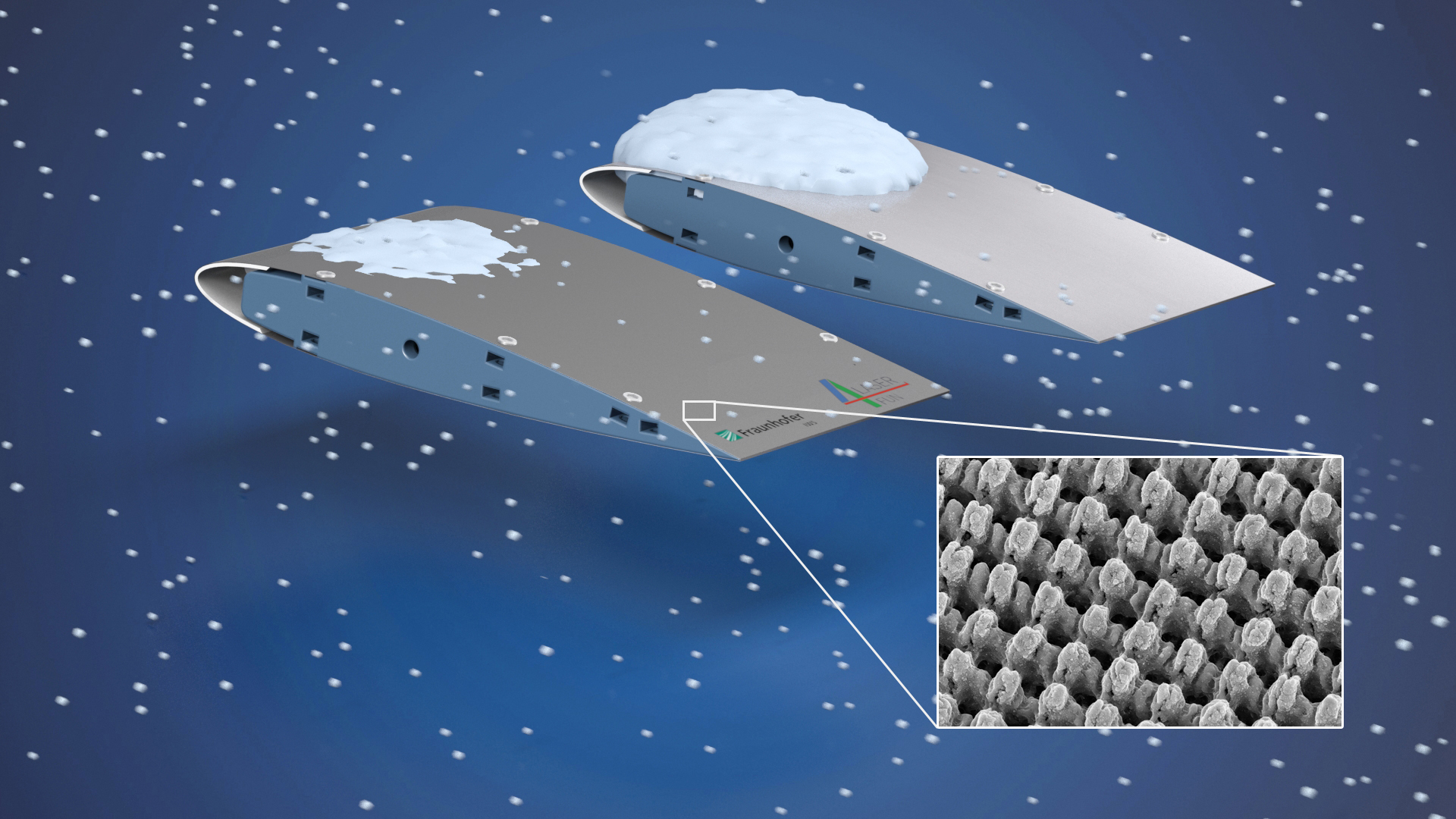 Mit Direct Laser Interference Patterning (DLIP) lassen sich komplexe, mäanderförmige Oberflächenstrukturen im Mikrometer- und Submikrometerbereich generieren, die das Anhaften von Eis verhindern oder stark reduzieren.