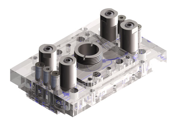 CAD-Modell eines mikrofluidischen Multilagensystems mit integrierter Hohlfaser