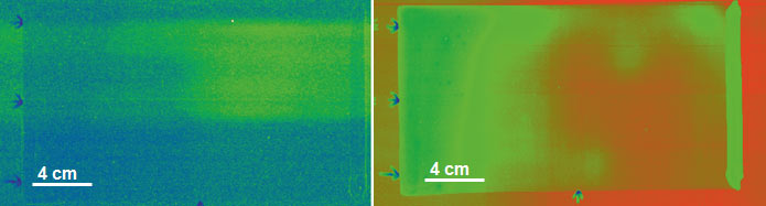 Edelstahlsubstrat mit Aluminiumoxid-Schicht; links: Spot-Beleuchtung,  Reflektionen des Primärstrahls und der Substratstruktur sind hauptsächlich sichtbar; rechts: diffuse Beleuchtung die Al2O3-Schicht wird sichtbar und kann daraufhin ausgewertet werden