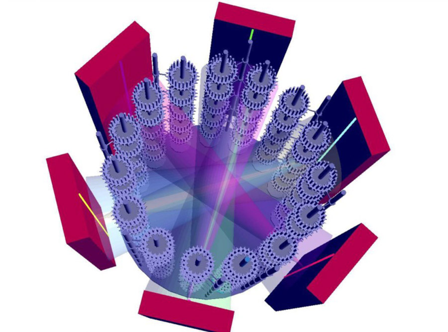 Simulation der Plasmaausbreitung und des Schichtwachstums in einer Anlage mit sechs Beschichtungsquellen und komplexer Substratbewegung.