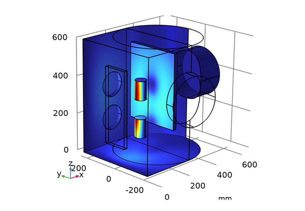 Simulation einer Beschichtungskammer zur Berechnung der Plasmaausbreitung und des Schichtwachstums.