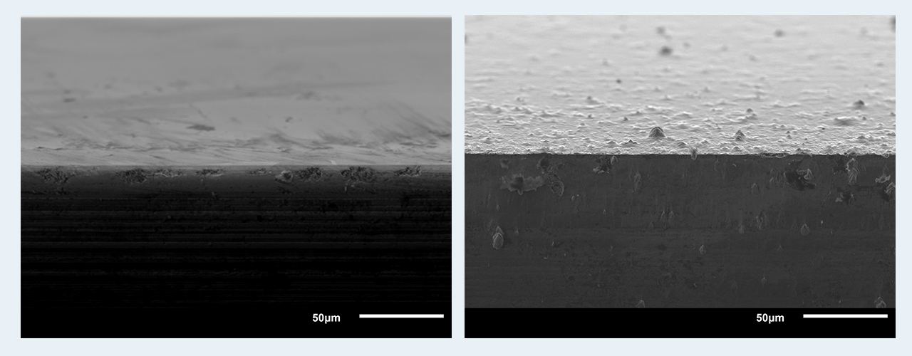 Probekörper mit definiertem Kantenradius (10 µm) vor der Beschichtung links und danach rechts, eine deutlich schärfere Kante ist aufgewachsen (Schicht: TiN, 9,8 µm dick).