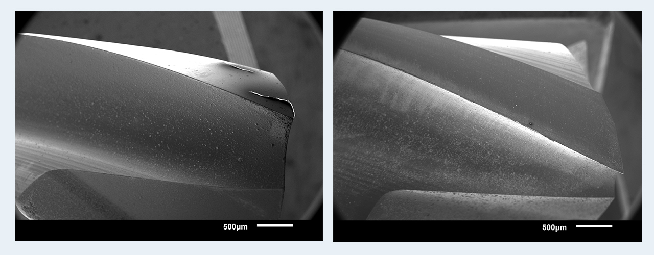 Schneide eines beschichteten Schaftfräsers mit Schärfungseffekt nach der Beschichtung (links) und nach Aluminumbearbeitung (rechts), die Kanten sind stabil mit nur leichtem Verschleiß (Schicht: AlTiN, ca. 7 µm).