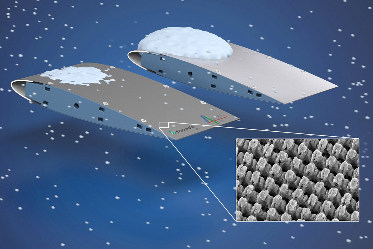 Mit Direct Laser Interference Patterning (DLIP) lassen sich komplexe, mäanderförmige Oberflächenstrukturen im Mikrometer- und Submikrometerbereich generieren, die das Anhaften von Eis verhindern oder stark reduzieren können.