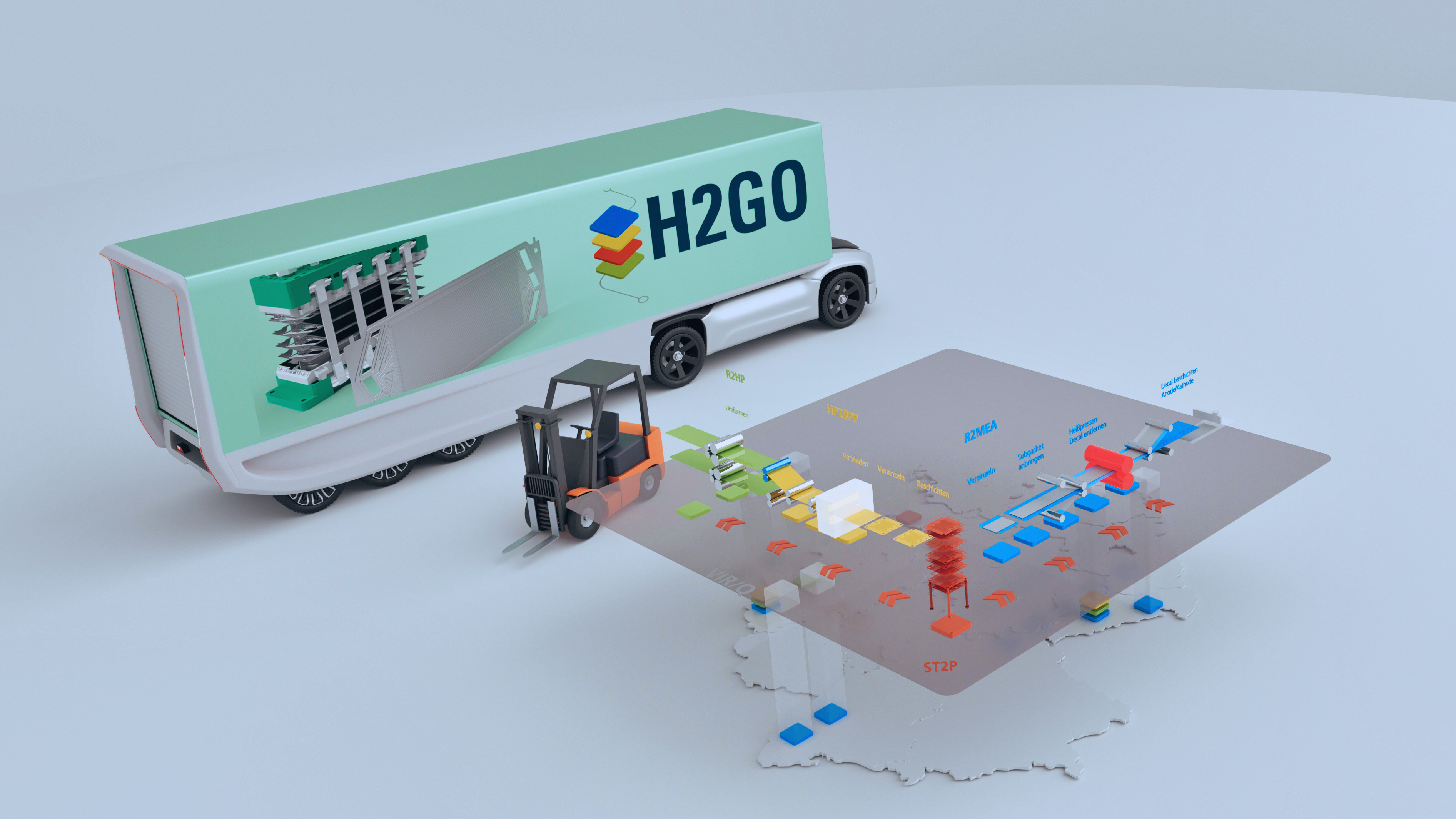 H2GO aims to significantly reduce CO2 emissions in freight mobility. The focus is on the development and rollout of industrial technologies for the economical production of fuel cells, primarily for road-based heavy-duty transport.