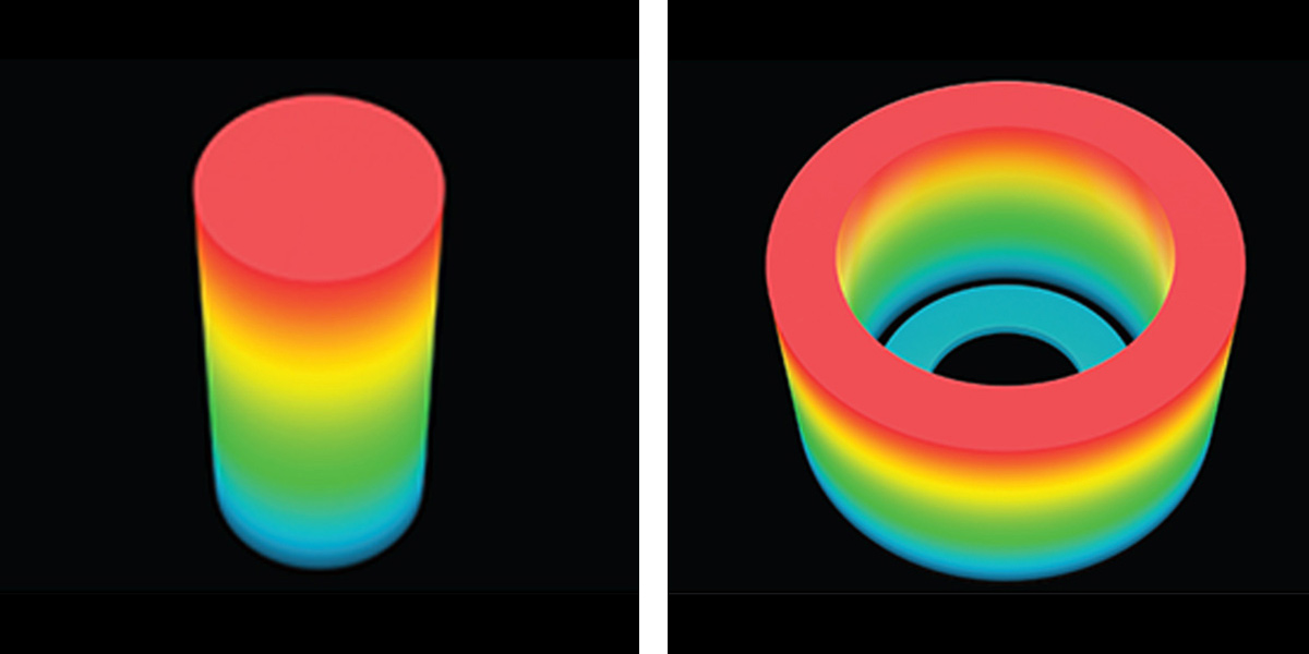 Flexibly adjustable beam modes: small beam diameter with high intensity, e.g. for deep penetration welding (l.), and large annular laser beam, e.g. for heat conduction welding (r.).