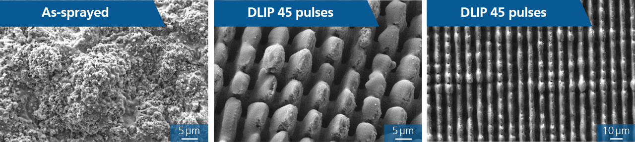 SEM micrographs of the top surface of unsprayed and laser-treated TiO2 layers after DLIP treatment with different laser conditions.