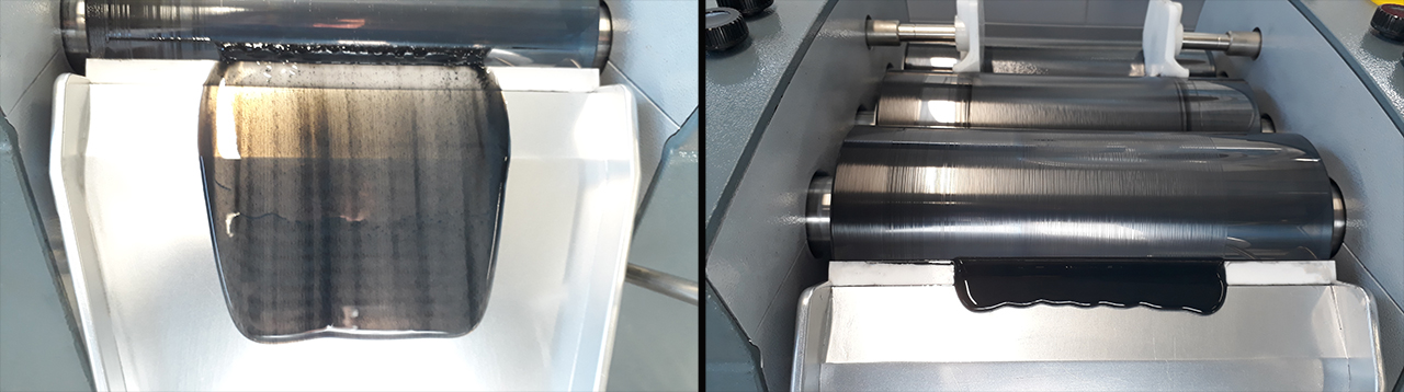 Only the selection of the appropriate dispersing technology enables a uniform distribution of the nanofillers in the polymer matrix. Example here: Silicone resin Novasil® S822 with 0.25 wt.% NC7000 after run 1 (left) and run 4 (right) during calendering.