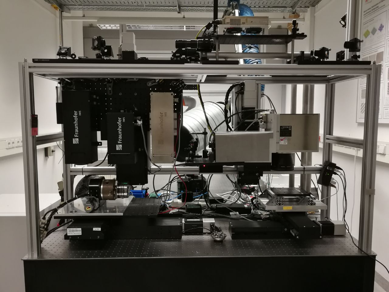 Fraunhofer IWS developed picosecond DLIP setup with DLIP heads for wavelengths in the UV, IR and green range (from left to right).