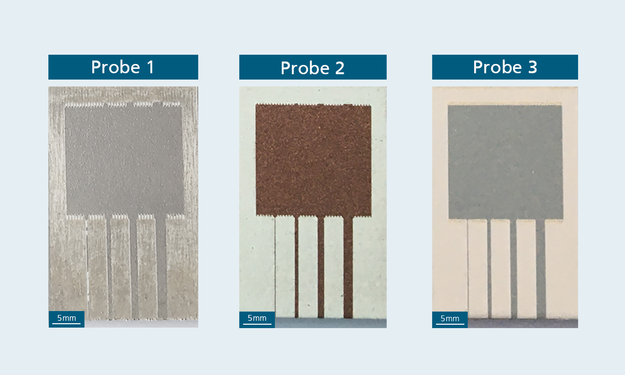 First ablation tests with fiber laser on sensor surfaces (land widths: 0.5 mm; 1 mm; 1.5 mm; 2 mm). First ablation tests with fiber laser on sensor surfaces (land widths: 0.5 mm; 1 mm; 1.5 mm; 2 mm).