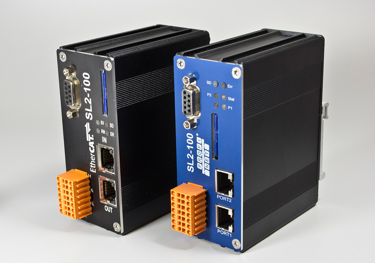 Modules for digital control of galvanometer scanners (scanner protocol SL2-100) via EtherCAT (left) or Profinet (right).