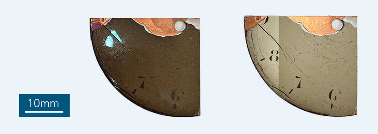 Investigations into the cleaning of historical, fire-damaged enamel dials.