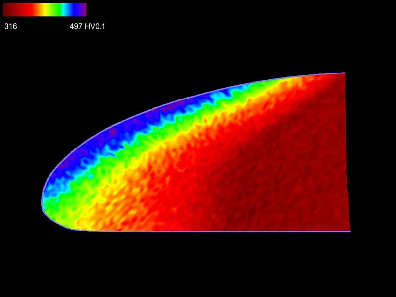Mapping of the hardness distribution at the cross section of a laser-hardened turbine blade edge.