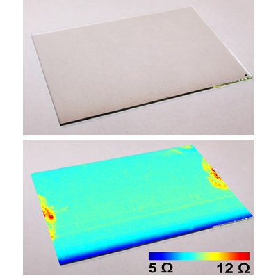 Analysis of conductivity of a TCO layer (ITO) by hyperspectral imaging; above: photo; below: calculated resistivity image