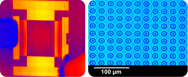 Left: NIR-image (1302 nm) of an experimental OLED-device, right: control of printed “donut” polymer structures