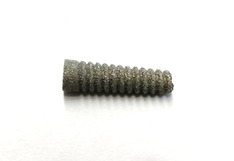 Laser-textured, additively manufactured dental screw made of near-beta titanium to increase osseointegration.